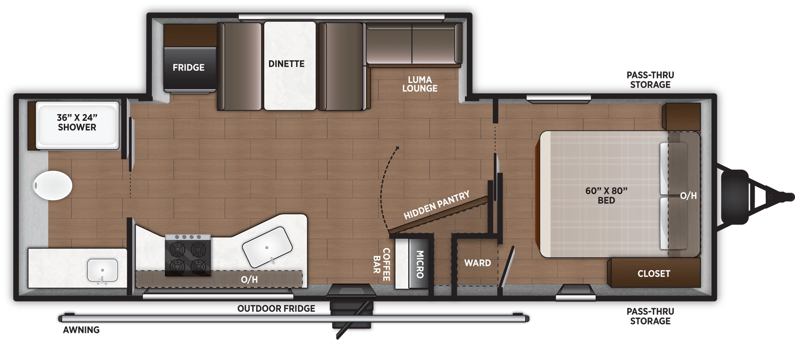 The Airelume 255 floorplan has one entry and one slide out. Exterior features include: metal exterior and 18' awning. Interiors features include: front bedroom and rear bathroom.