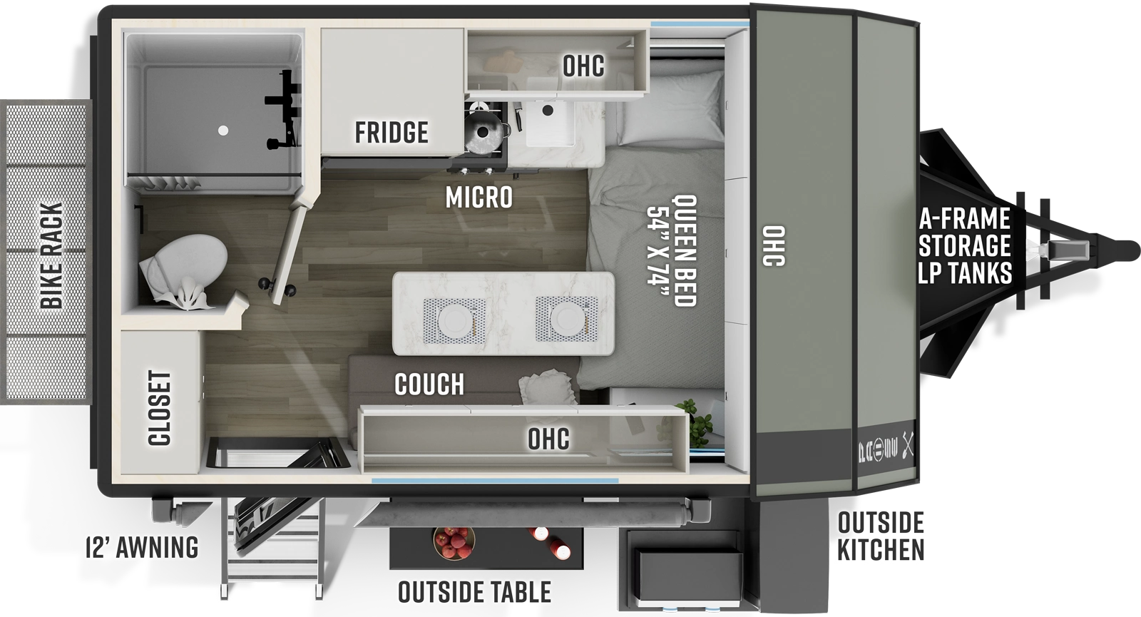 The Pause R12RB floorplan has one entry and zero slide outs. Exterior features include: fiberglass exterior, 12' awning and outside kitchen. Interiors features include: front bedroom.